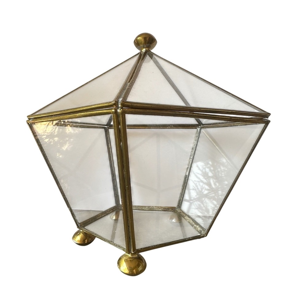 MISSING FOOT Vintage Brass Geometric Glass Terrarium Pentagonal Display Box